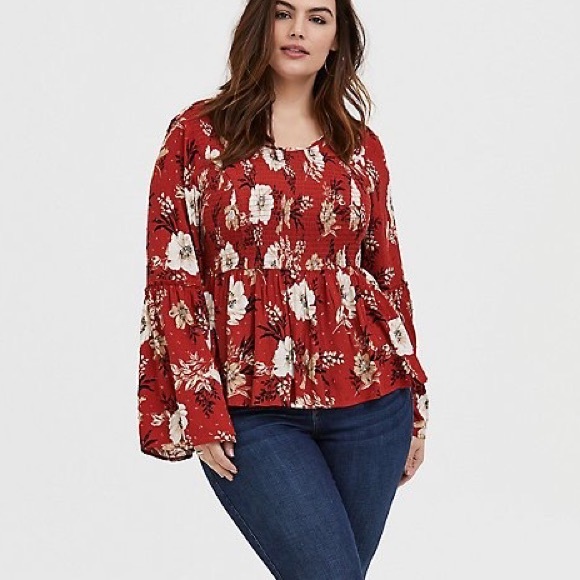 2X // Torrid Red Terracotta Floral Crinkled  Gauze Midi Babydoll Top - Picture 2 of 13